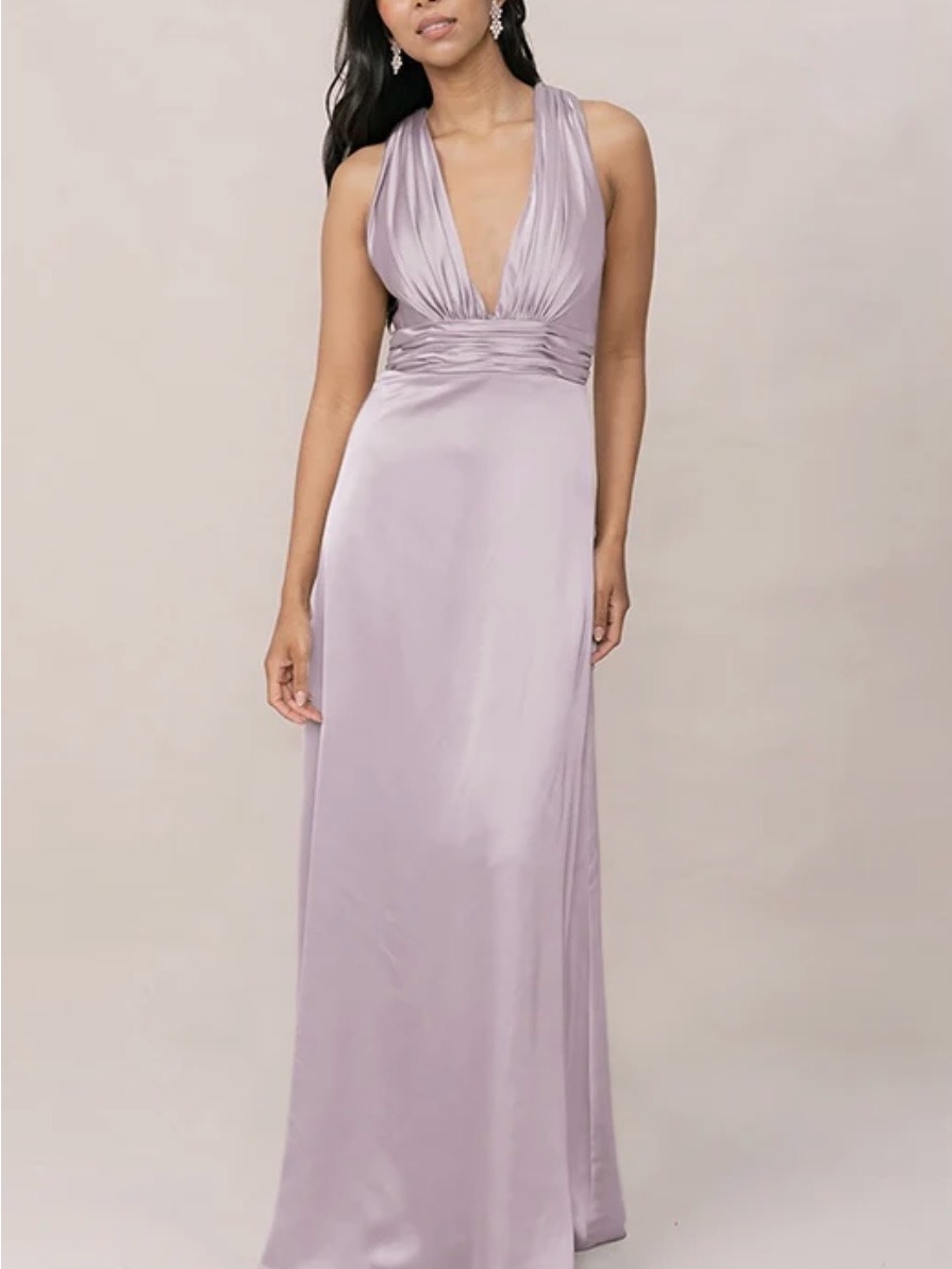 Brand New Elegant Lilac V-Neck Satin Evening Gown Or Bridesmaid Dress
